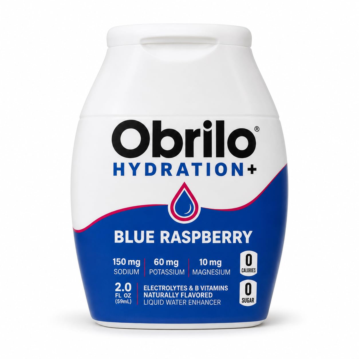 A 2.0 fl oz bottle of Obrilo Hydration+ liquid water enhancer in Blue Raspberry flavor, featuring a white and blue label with a red wave and a blue raspberry water droplet logo.