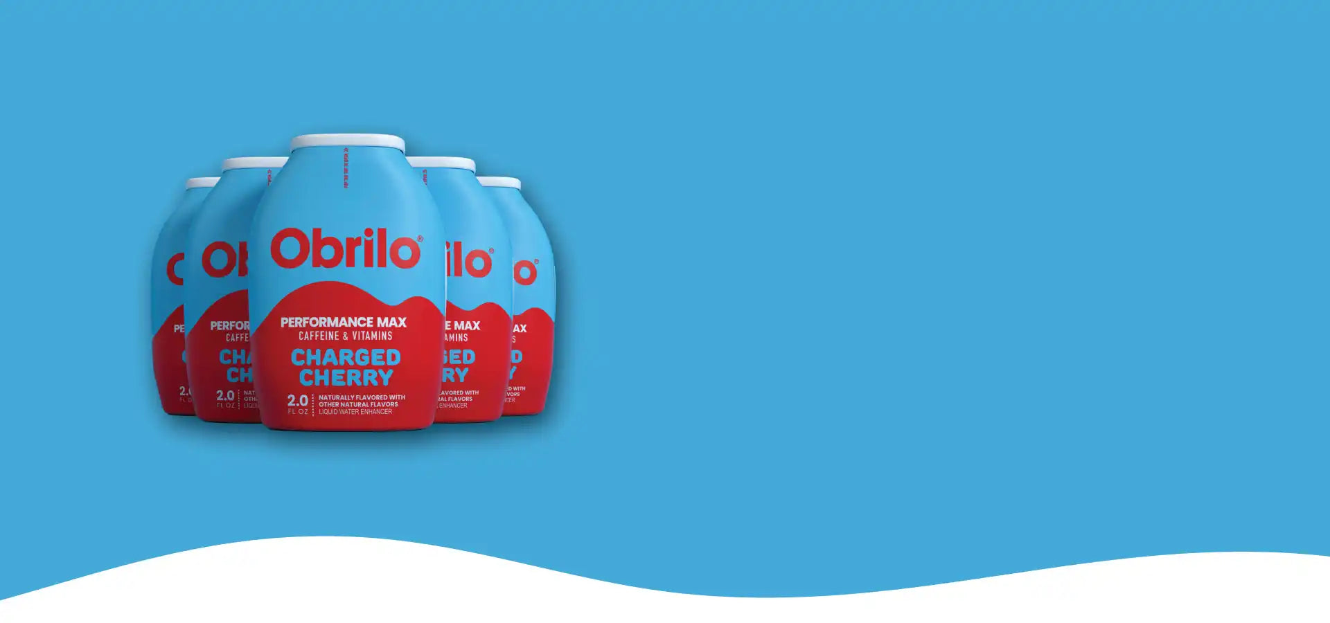 Blue and red bottles of ’Obrilo Charged Cherry’ liquid.