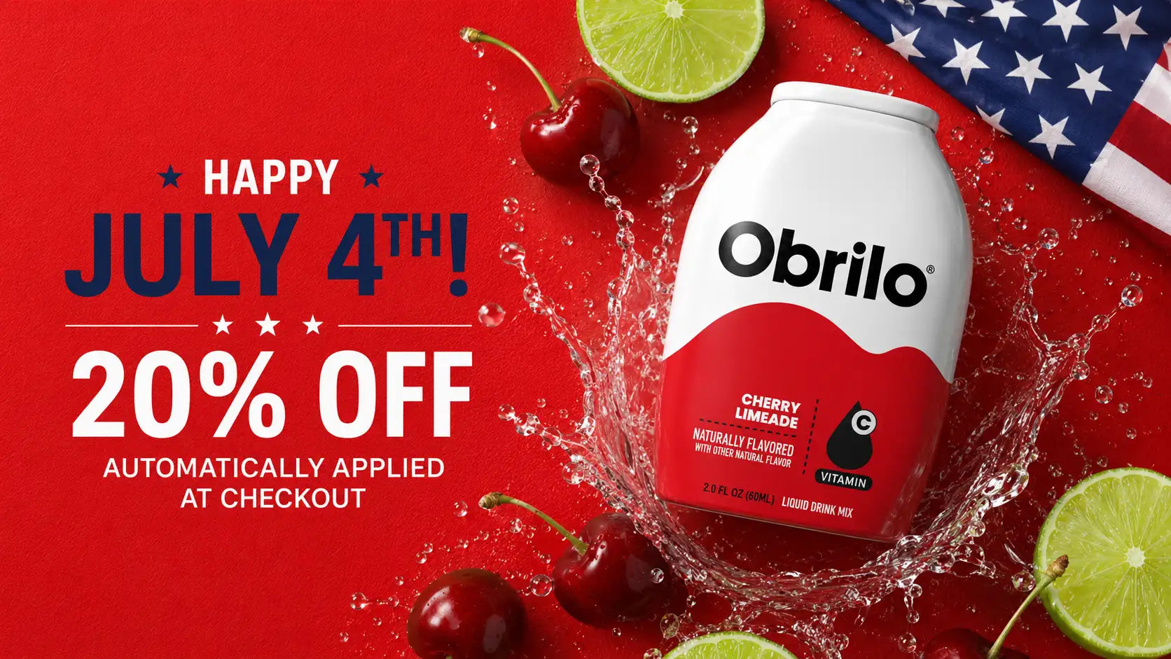Red and white obrilo cherry limeade liquid drink mix bottle with a glossy finish.