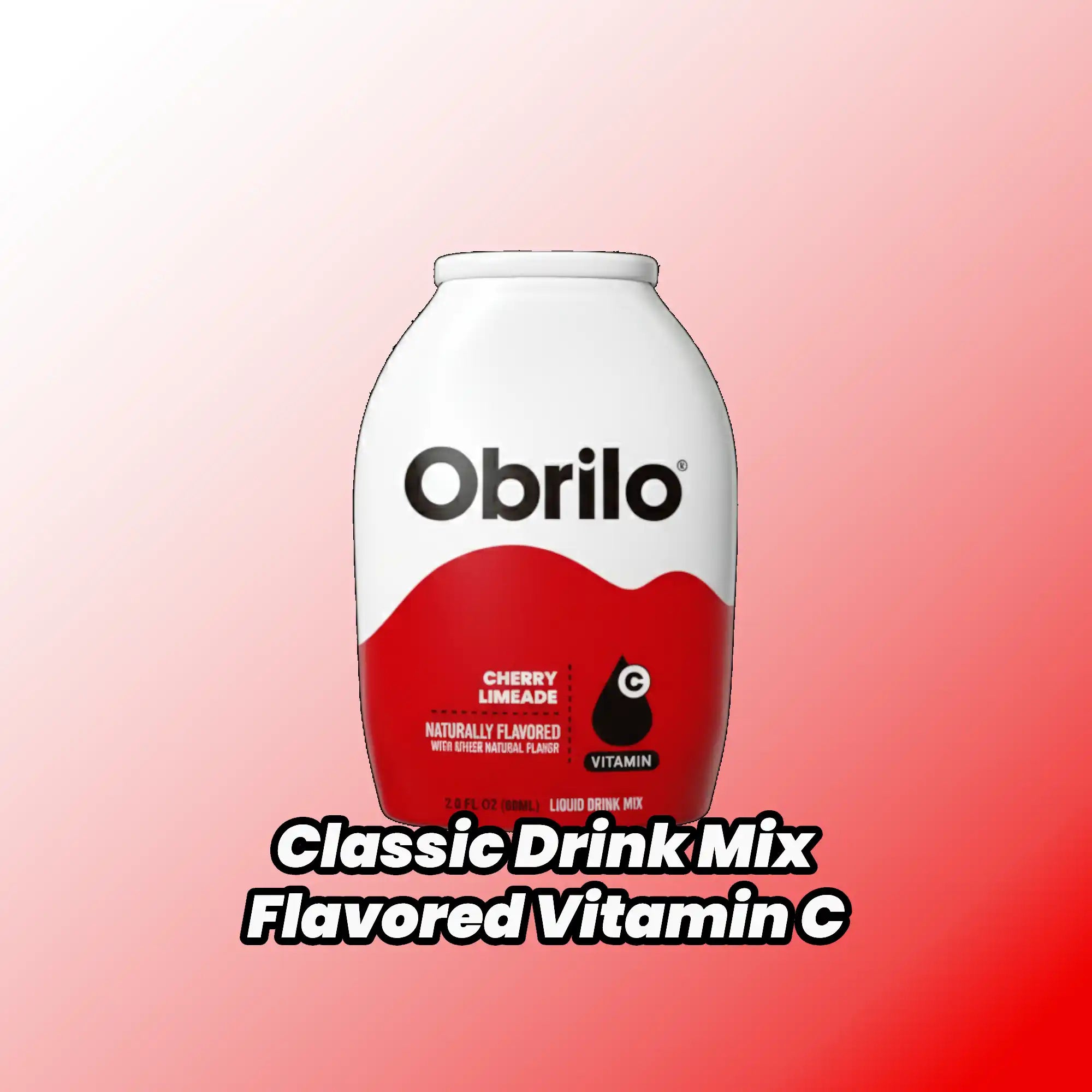 A white and red liquid drink mix with cherry limeade flavor and vitamin C.
