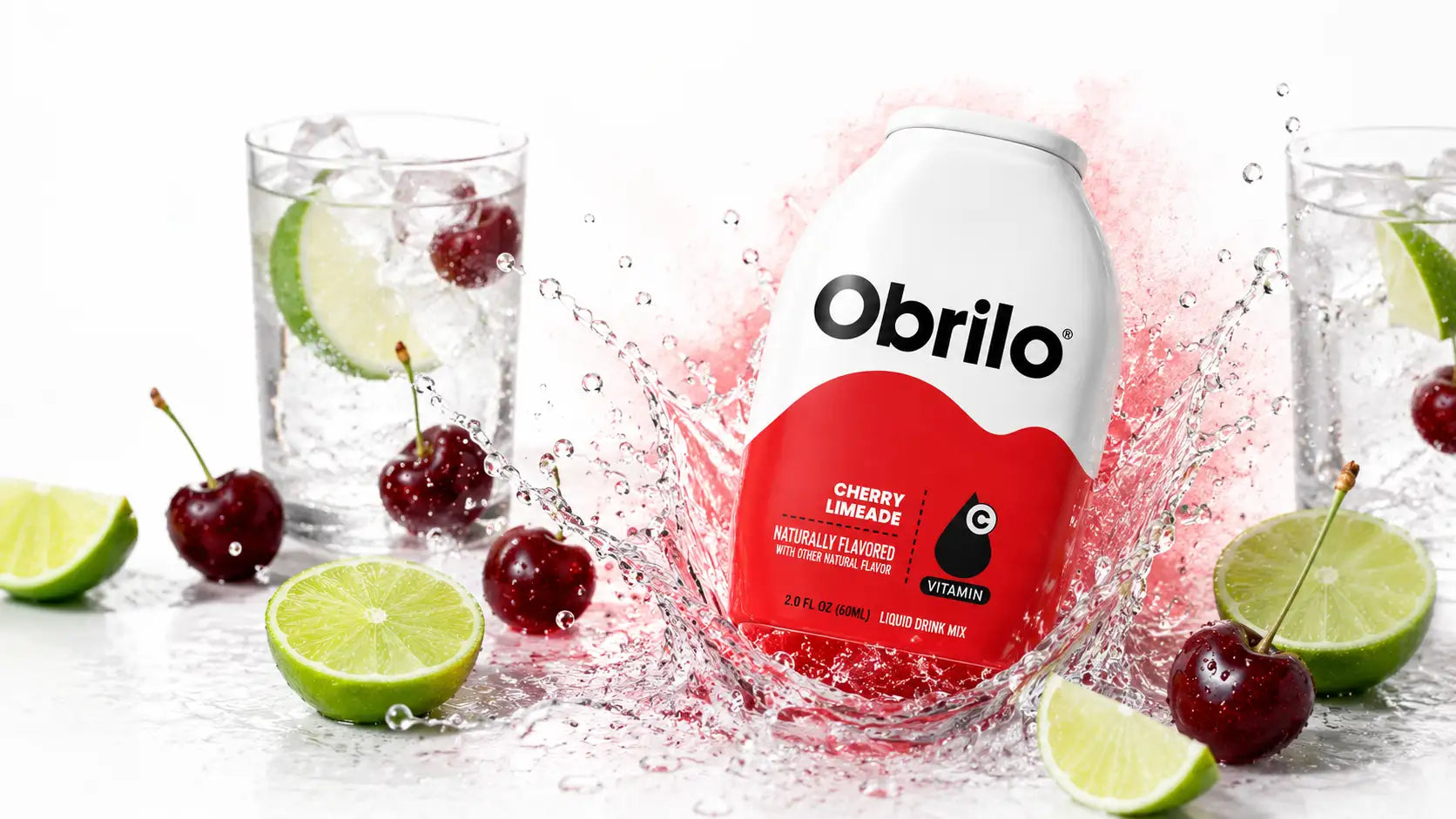 A white and red obrilo cherry limeade bottle with a glossy finish, featuring bold black lettering on its label.
