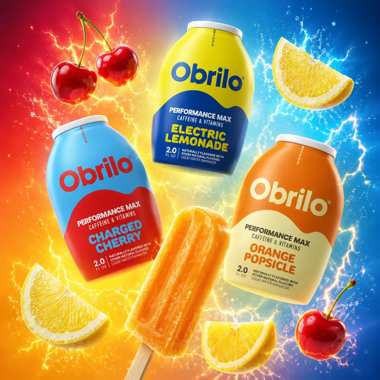 Three colorful, sleekly designed obrilo performance max drink bottles in blue (charged cherry), yellow (electric lemonade), and orange (orange popsicle) flavors.