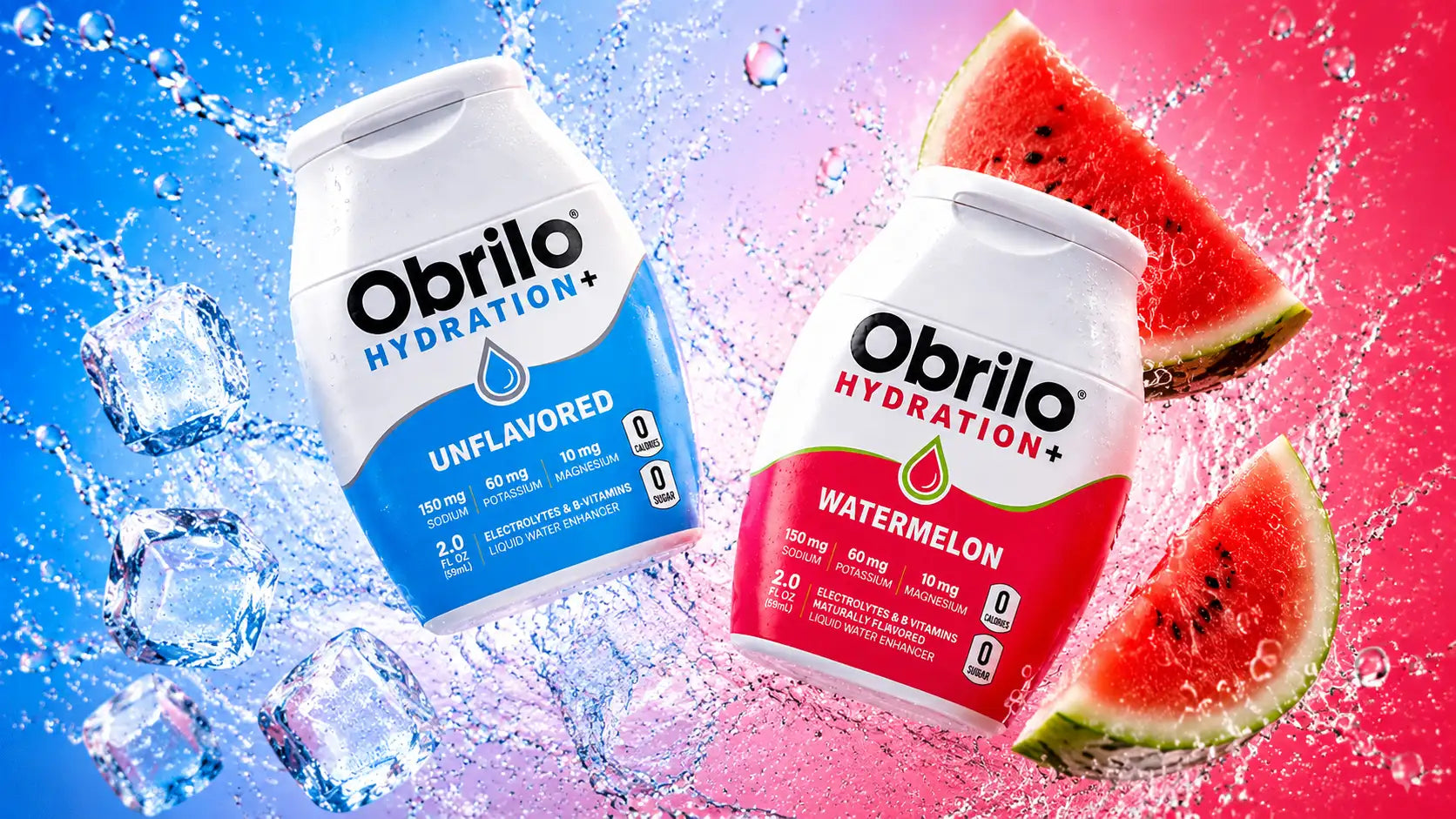 Two obrilo+ hydration+ bottles, one unflavored in blue and white with ice cubes around it, the other watermelon flavored in red and white beside a slice of watermelon.
