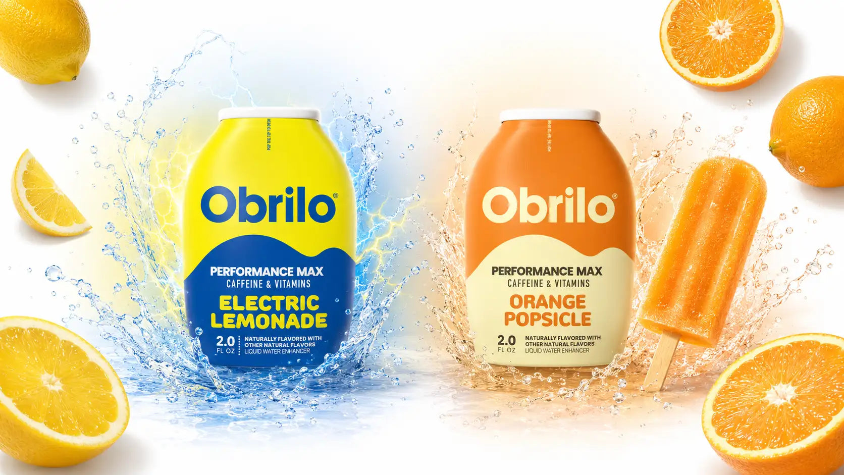 Two obrilo performance max energy drink cans, one yellow with electric lemonade flavor and the other orange with orange popsicle flavor.