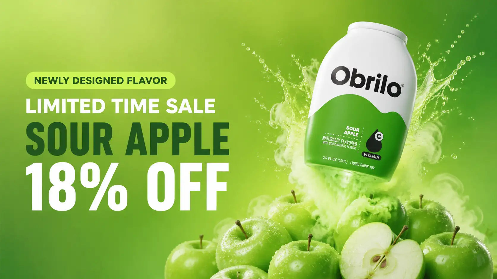 White and green obrilo sour apple drink bottle with a glossy finish.