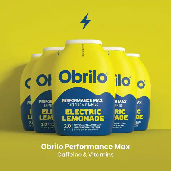 Yellow and blue bottles of a liquid water enhancer with caffeine and vitamins.